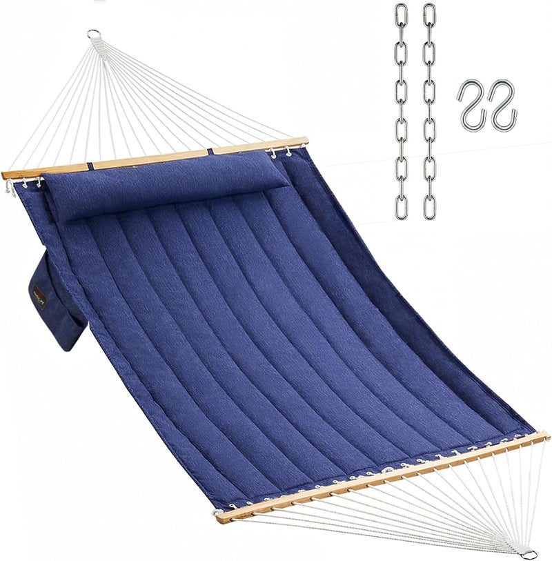 CHULIM Double Quilted Fabric Hammock with Hardwood Spreader Bars and Pillow 450 LBS Capacity 2 Person Large Hammock for Outdoor Patio Backyard Poolside - Dark Blue - Image 1
